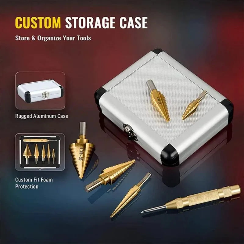 MEYOUTOWNDIY Step Drill Bit Set 5-Piece Titanium Coated HSS Center-Punch