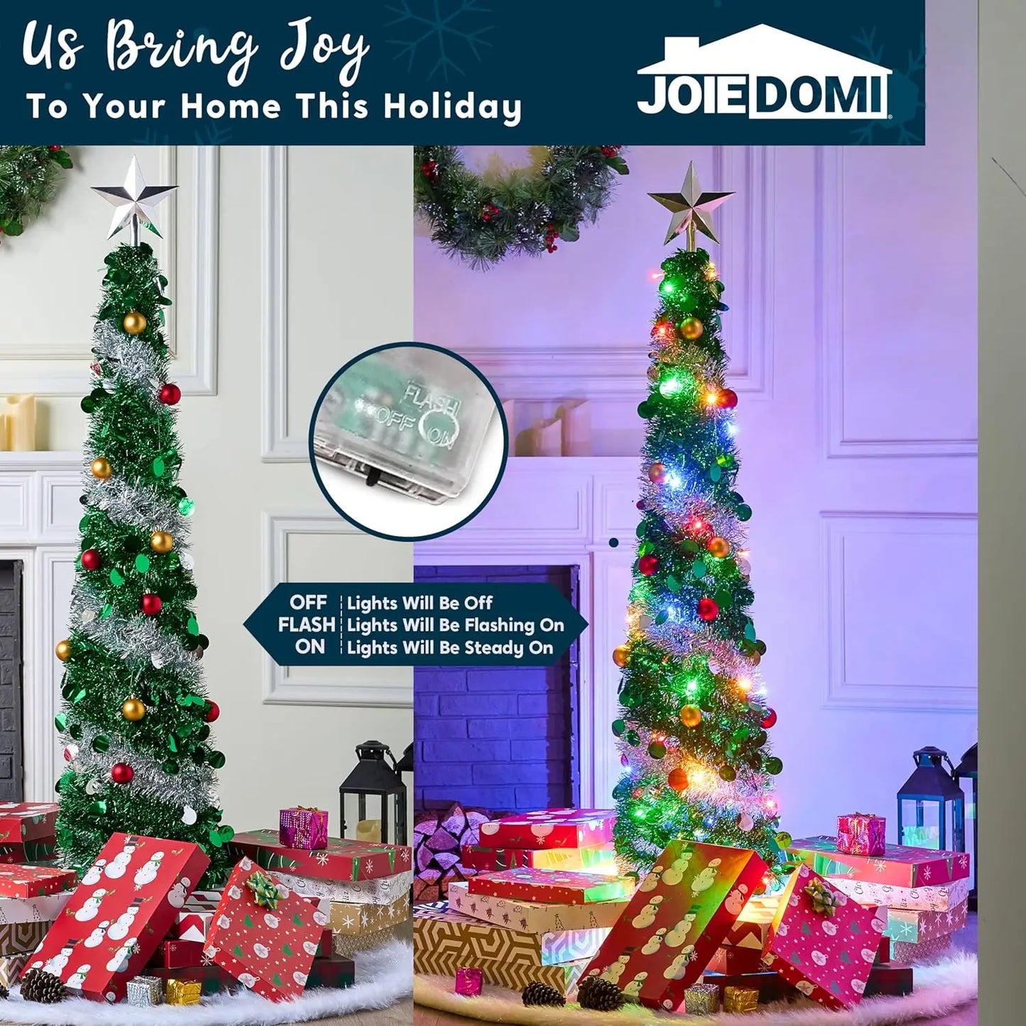 Joyfy Pop Up Christmas Tree With 50 LED Lights Collapsible Tinsel Decorations For Home Holiday Party
