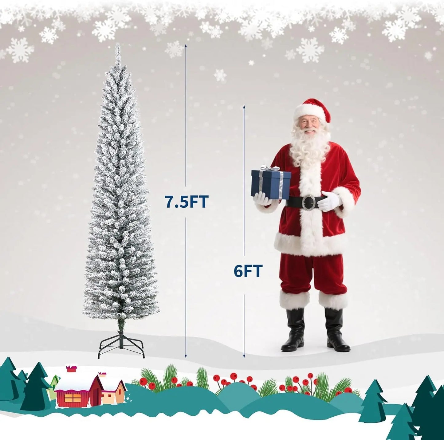 Studyset Flocked Pencil Christmas Tree With Lights And Snowy Tips