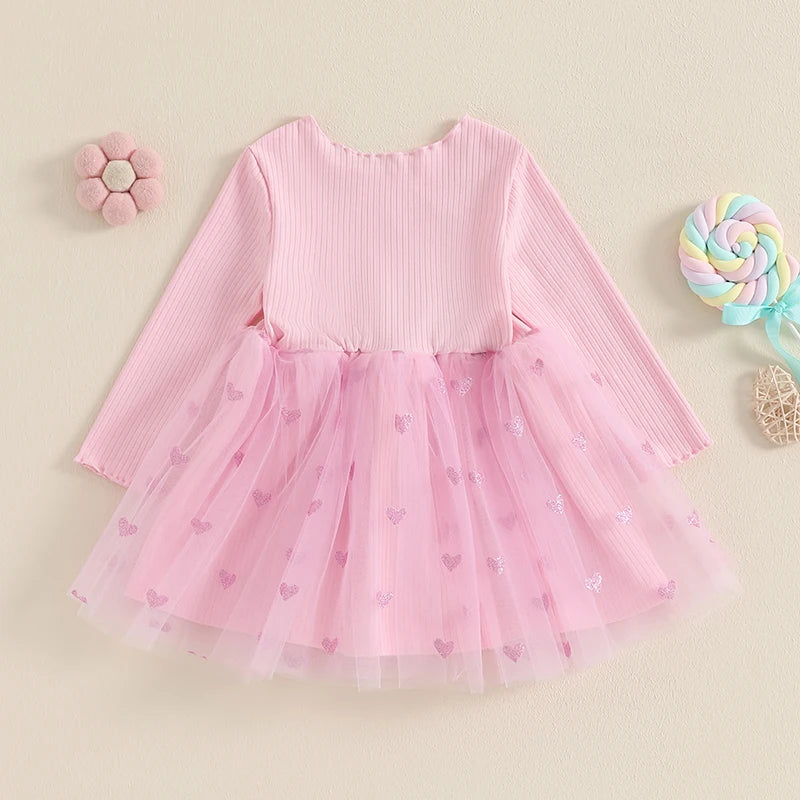 Girls Valentine s Day Heart Print Ruffle Sleeve Dress Toddler Kids Princess Party Dress with Tulle Skirt and Bow