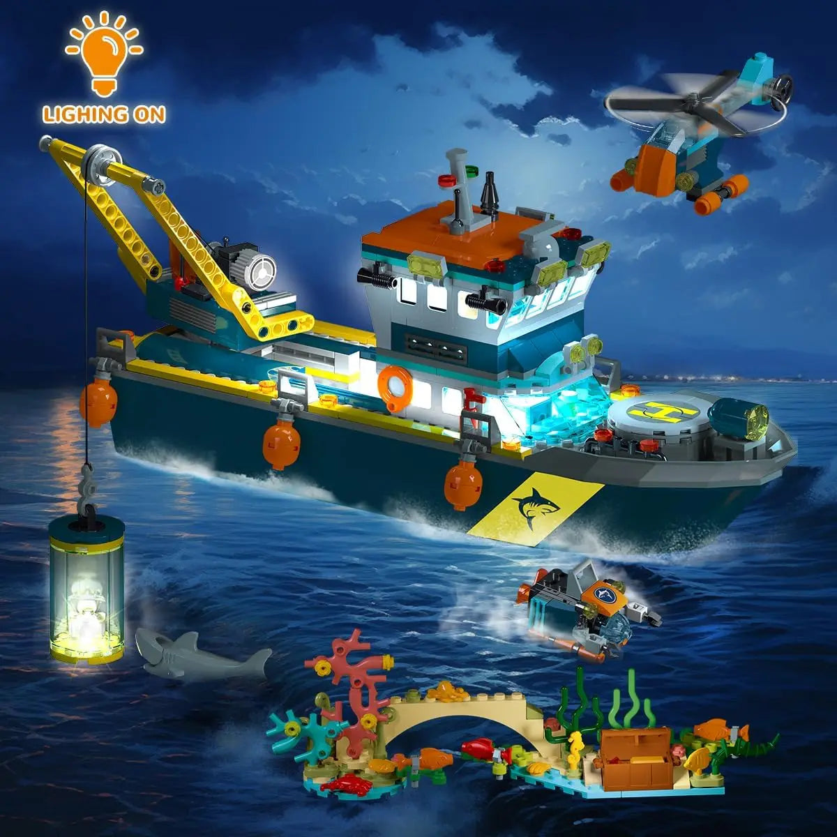 HOGOKIDS Arctic Explorer Technic Ship Building Block Set with LED Light  Ocean Exploration Helicopter Sub Shark for Kids Ages 6+