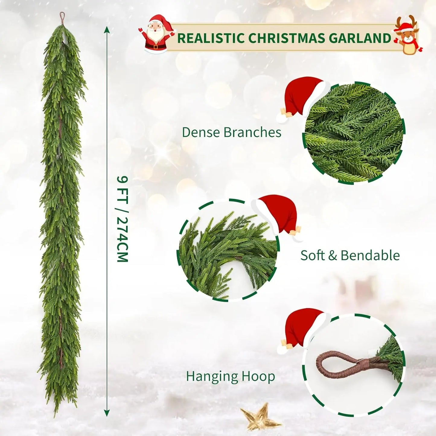 Realistic Christmas Garland Norfolk Pine Dense Artificial Greenery For Mantle And Stairs Decor