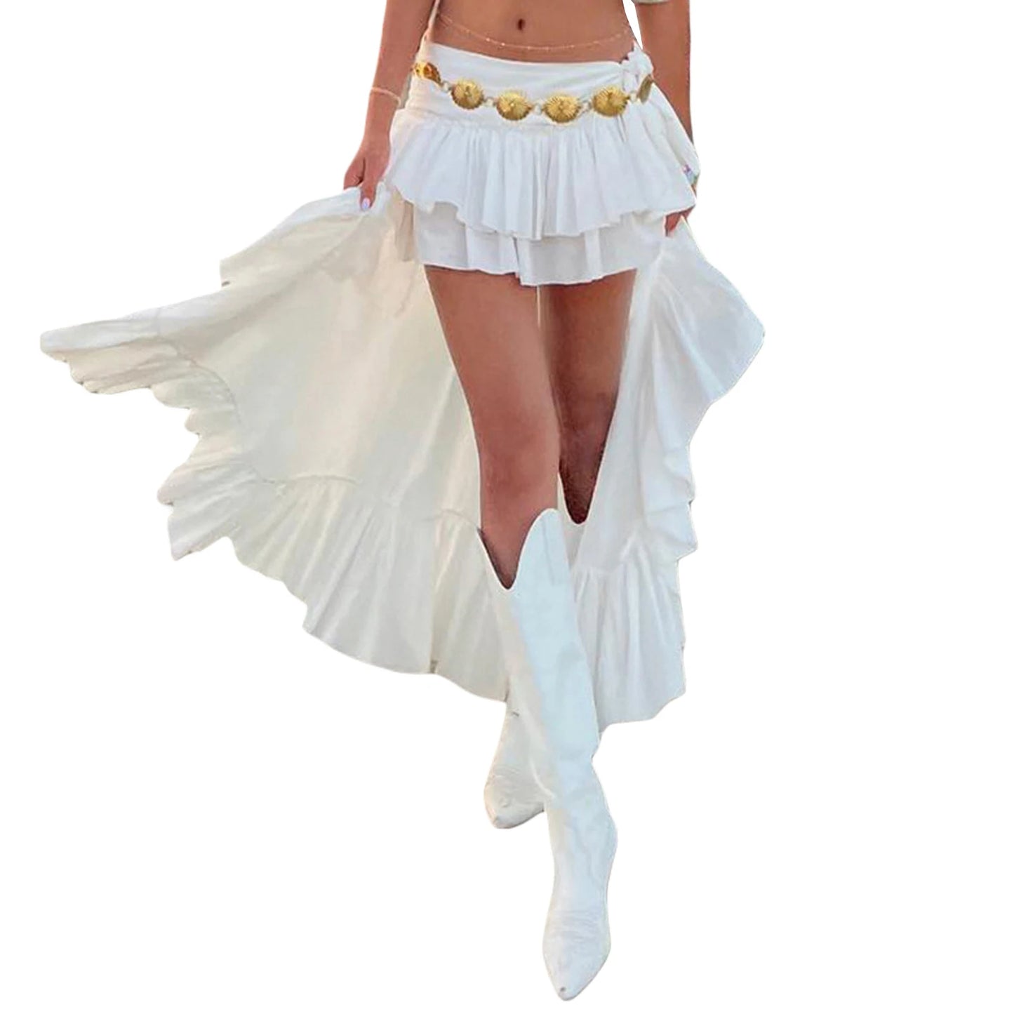 Women s White Boho Skirt Elastic Band Waist Flowy Skirt Irregular Ruffle Asymmetrical Midi Skirt