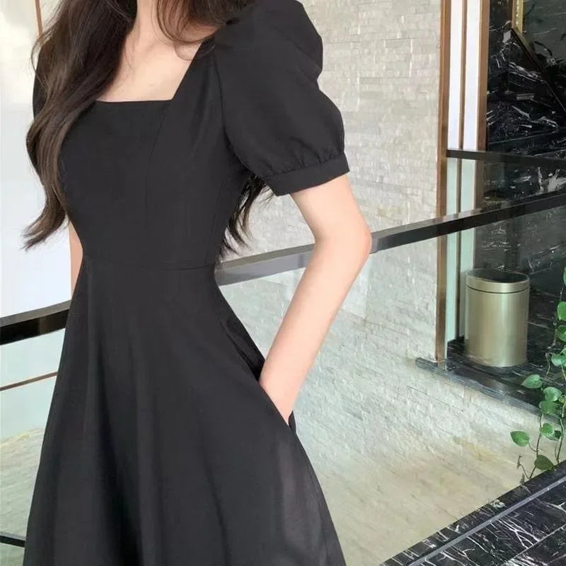 HebeiCraft Of Weaving Princess Sleeve Square Collar Hepburn Style Women's Dress Slimming Waist