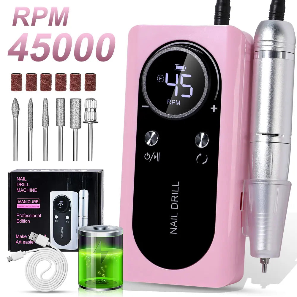 45000RPM Electric Nail Drill File Rechargeable Electric Nail Polishing Machine for Acrylic Gel Dip Powder Manicure Pedicure Tool