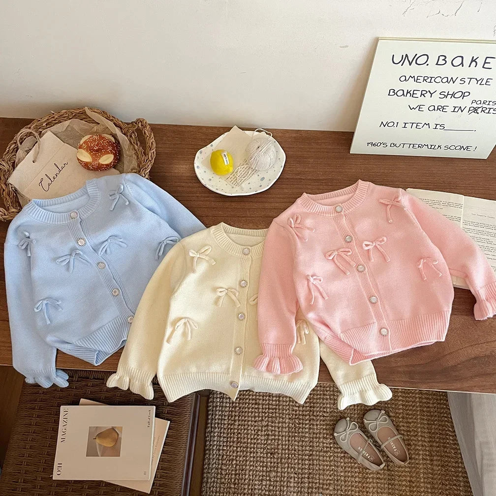 Girls Bow Knit Cardigan Sweater Jacket Cotton Autumn Winter