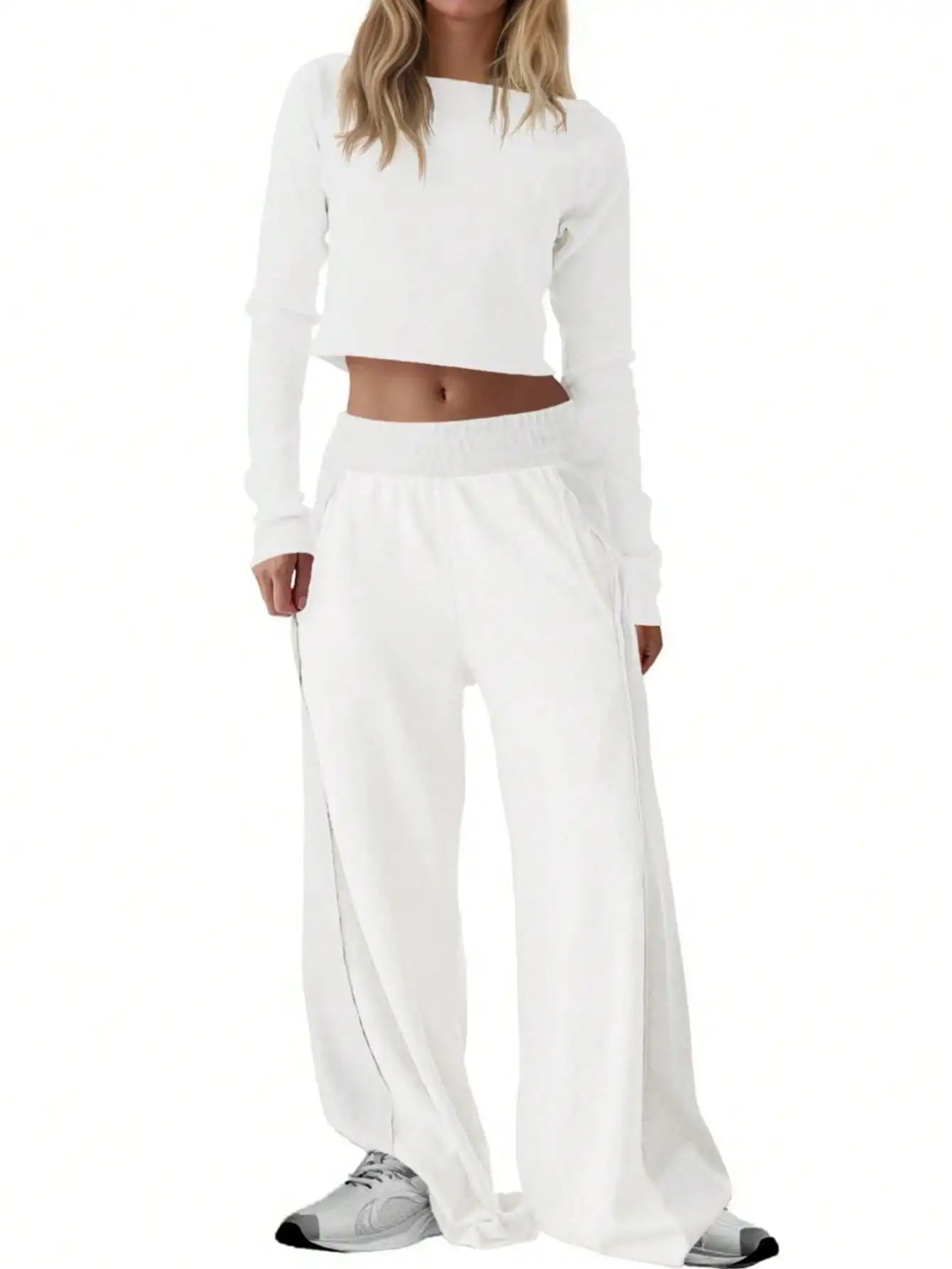 Fisoew Women Two Piece Set Off Shoulder Crop Top Wide Leg Pants Casual Lounge Wear Travel Outfit Long Sleeve Tracksuit