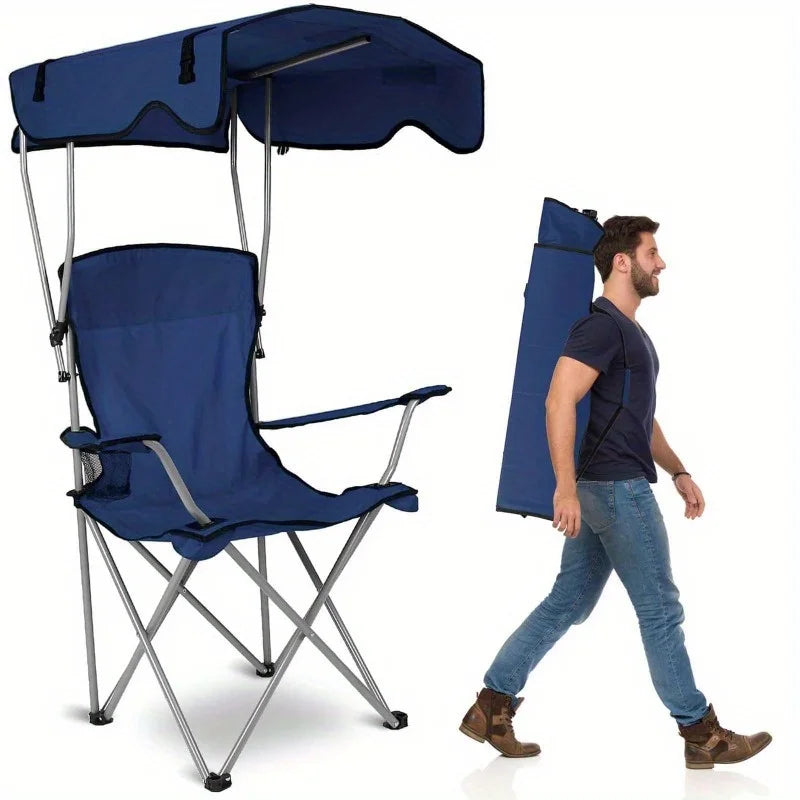 Fold Camping Chair With Canopy Sun Shade And Cup Holder