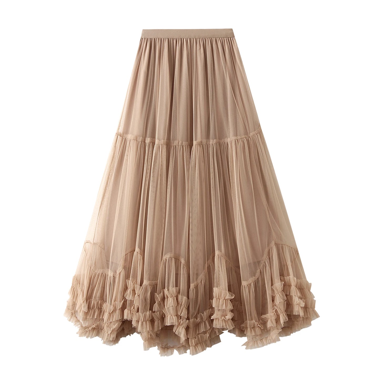 Women’s Tulle Long Skirts Elastic High Waist Ruffle Hem Tutu Skirts Fluffy A-line Midi Skirts