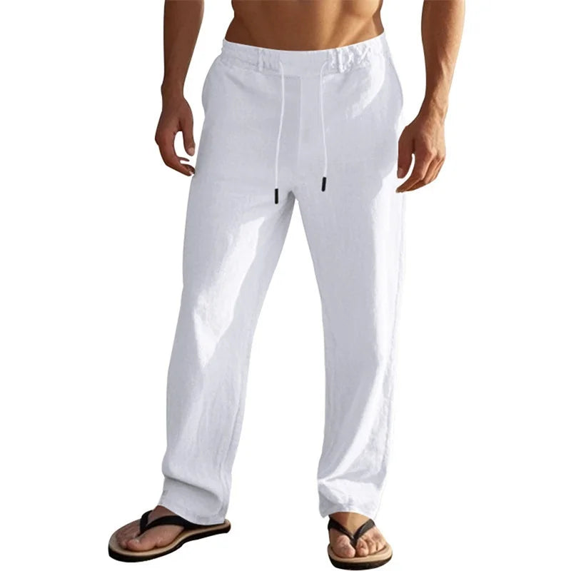 Men s Lightweight Drawstring Linen Pants with Pockets Comfortable Straight Leg Casual Trousers for Summer Beach Wear
