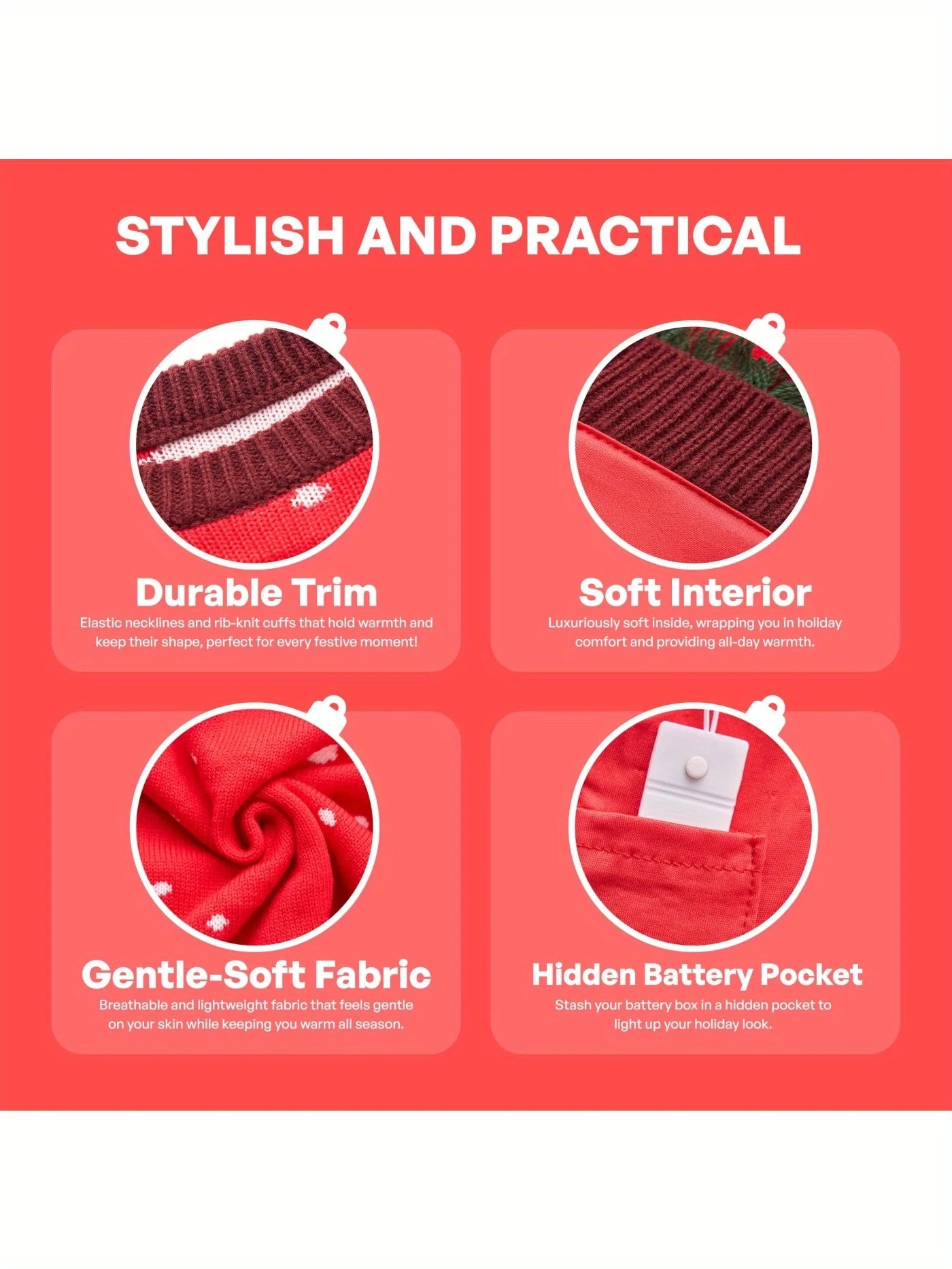 Kid's Christmas Ugly Sweater LED Light Up Reindeer Xmas Sweater Built-in Light Bulbs for Boys Girls (Red, Medium)