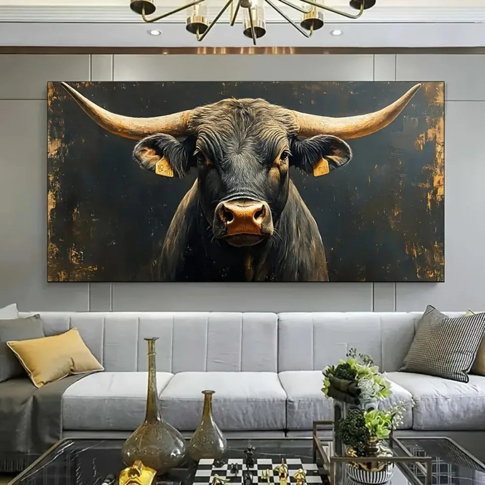 1 piece thick wood frame canvas art, modern big Horn Black Bull canvas painting art, modern interior decoration
