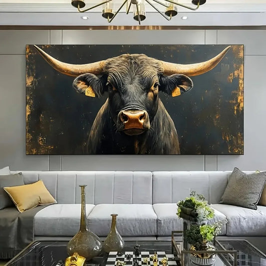 1 piece thick wood frame canvas art, modern big Horn Black Bull canvas painting art, modern interior decoration