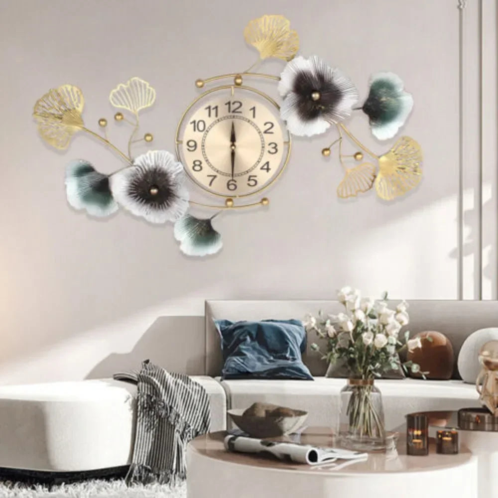 90*45 Cm Large Metal Wall Clock Ginkgo Leaf Quartz Movement Wall Watch Home Decor Battery Powered for Living Room/hallway/office