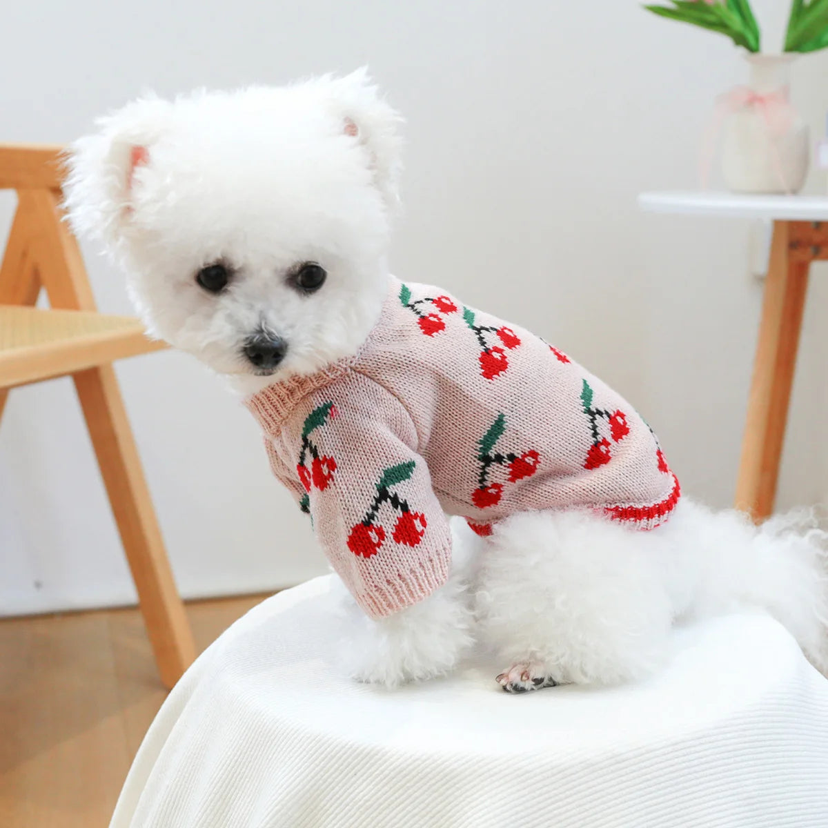 1PC Pet Clothes Dog Cat Thickened Warm Winter Autumn Pink Cherry Sweater Elastic Jumper Knitted Sweater