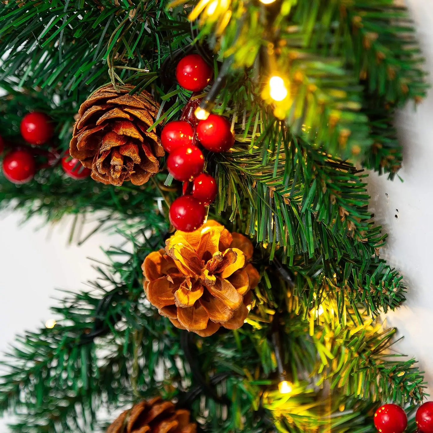 Joyfy Artificial Christmas Garland Prelit With LED Lights Pine Cones And Red Berries For Home Office Decor