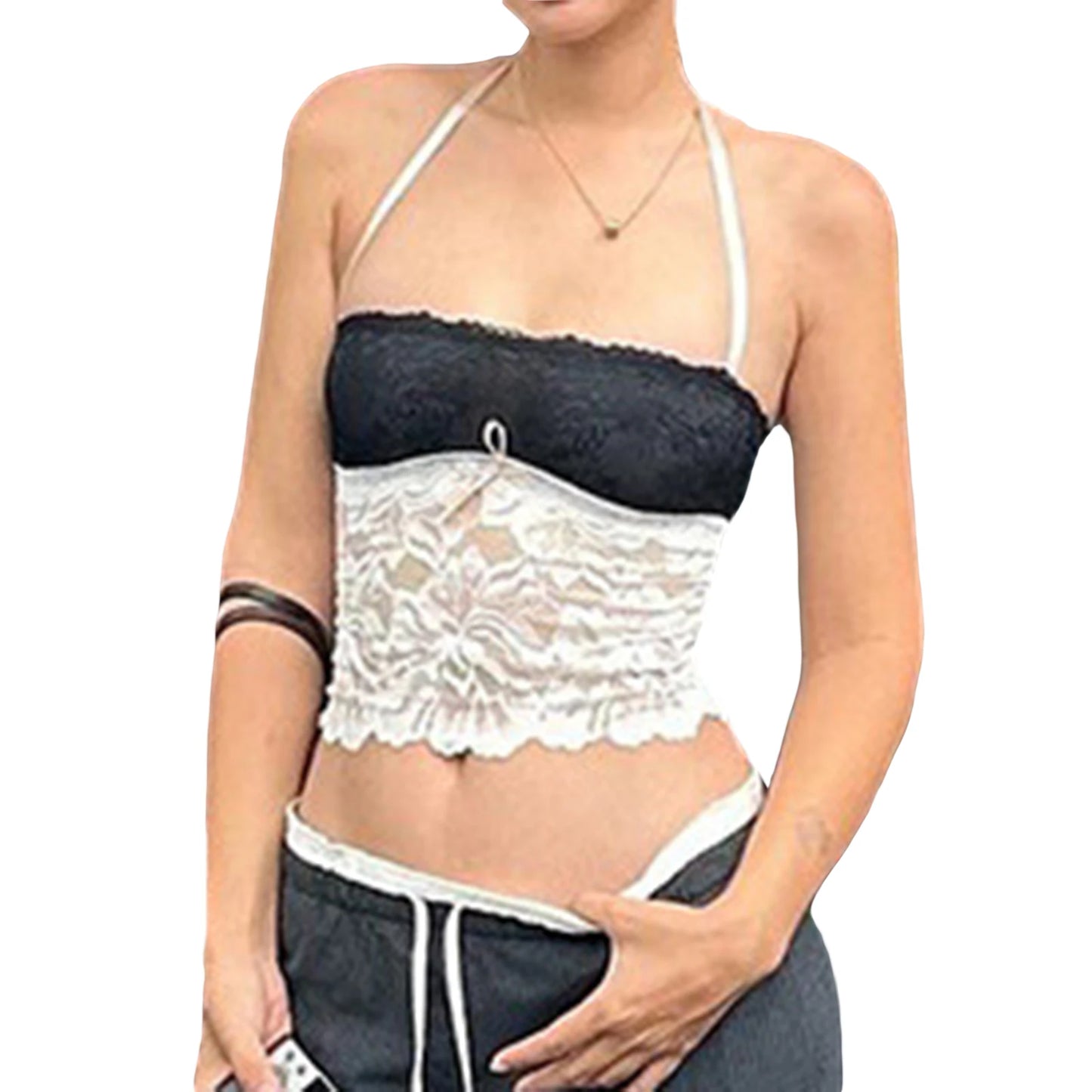 Hirigin Lace Patchwork Tank Tops Tie Up Halter Backless