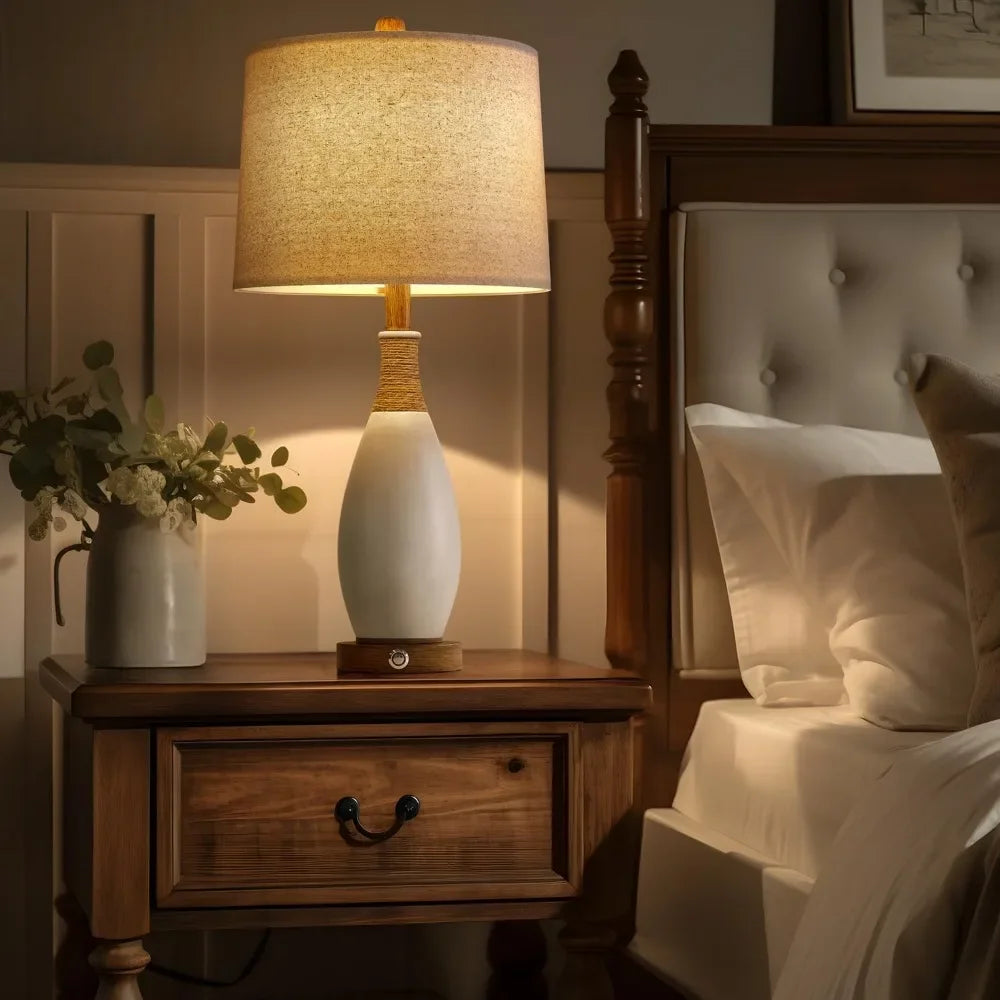 XMSJ Modern Farmhouse Bedside Table Lamp Set 2 With USB Type C Charging Ports 3 Way Dimmable Touch Control