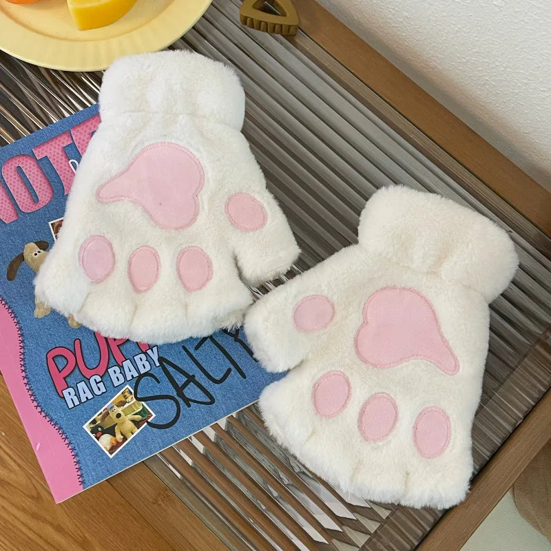 Lovely Plush Cat Claw Paw Gloves Plush Mittens Warm Soft Plush Short Fingerless Fluffy Bear Gloves Costume Half Finger Gloves