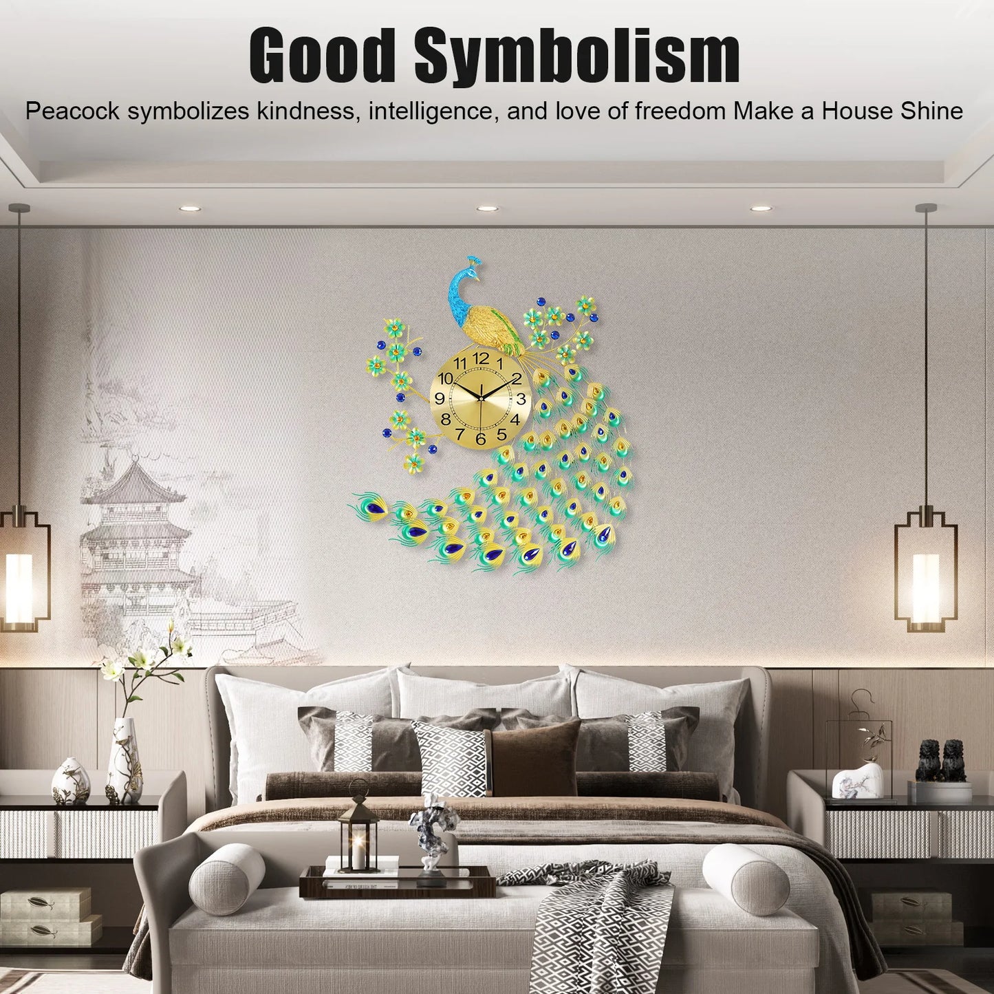European Peacock Wall Clock - Elegant & Modern Decorative Silent Quartz Clock for Living Room & Office - Brings Luck & Harmony