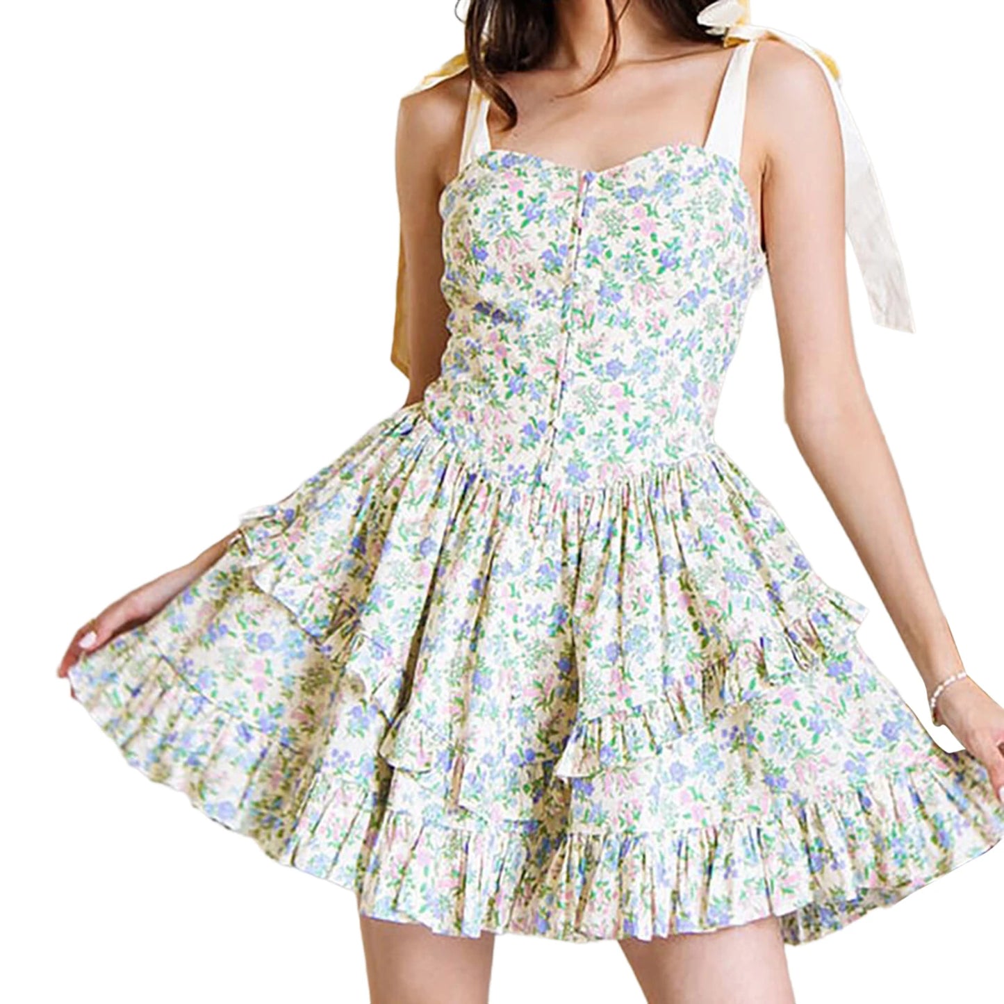 Hirigin Elegant Sleeveless Floral Print Mini Dress Bow Tie Shoulder