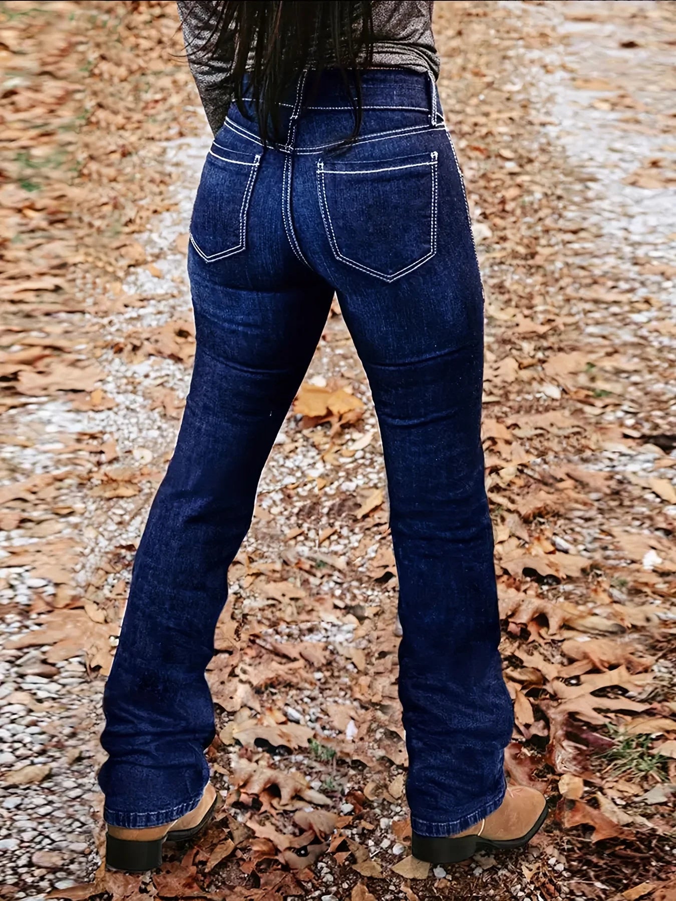 Women's mid high waisted elastic button deep blue micro flared denim pants