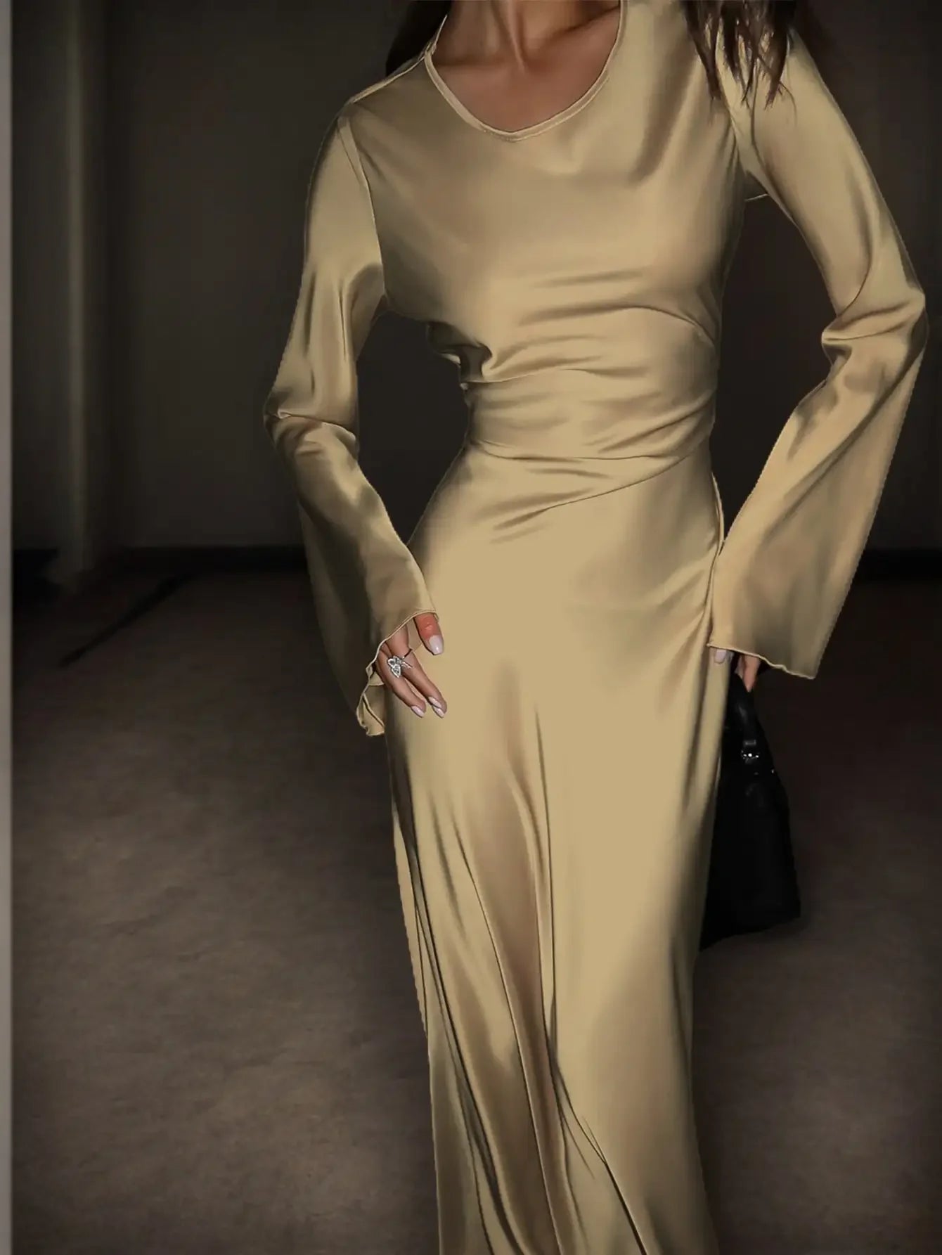 Women's Bespoke Satin Maxi Dress with Corset Waist Tie Classic Round Neck & Dramatic Flared Sleeves Luxury Evening Dress