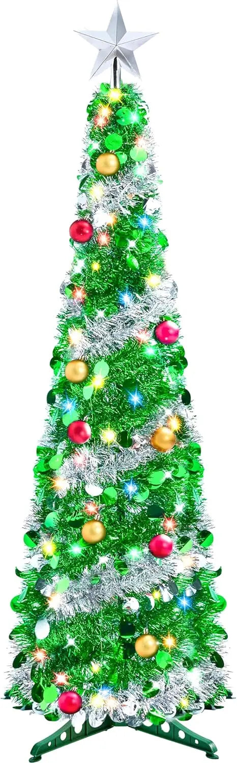 Joyfy Pop Up Christmas Tree With 50 LED Lights Collapsible Tinsel Decorations For Home Holiday Party