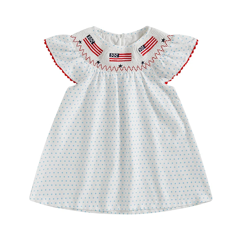 Girls American Flag Embroidered Dress with Polka Dot and Plaid Print Short Sleeve Toddler Dress for Patriotic Events and Cute