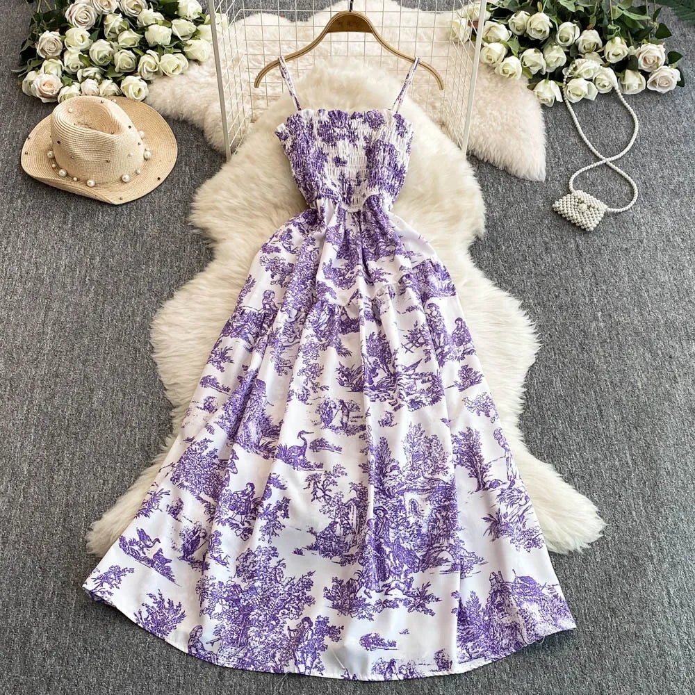 Abebey Elegant Floral Print Retro Party Dress With Elastic High Waist Maxi Beachwear