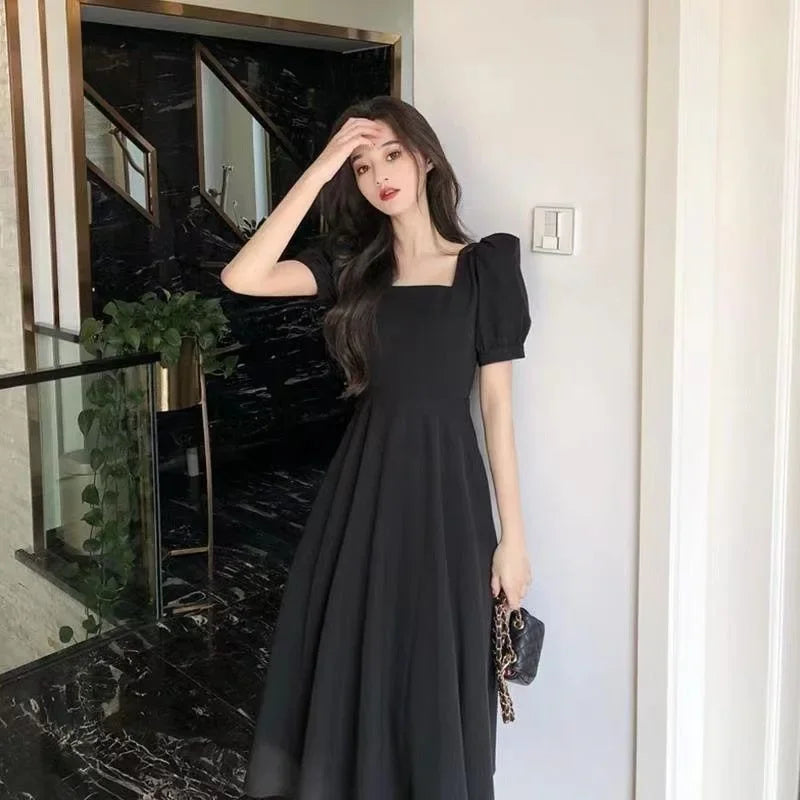 HebeiCraft Of Weaving Princess Sleeve Square Collar Hepburn Style Women's Dress Slimming Waist