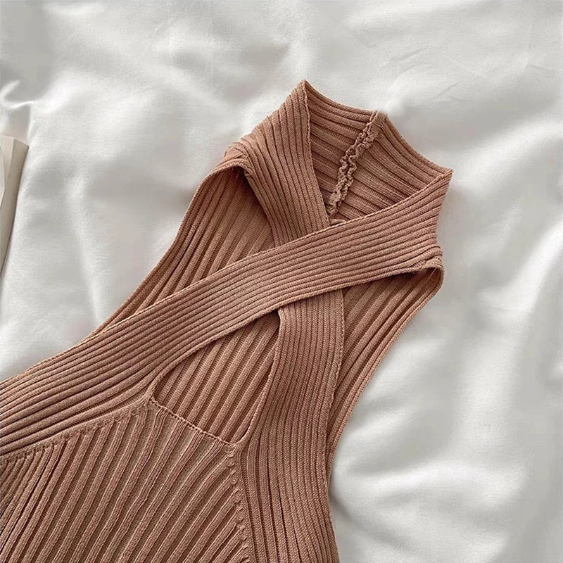 Women 2025 Summer Knit Cross Neck Crop Tops Sexy Slim Solid Backless Sleeveless Tank Tops Elastic Rib Design Underwear Camisoles