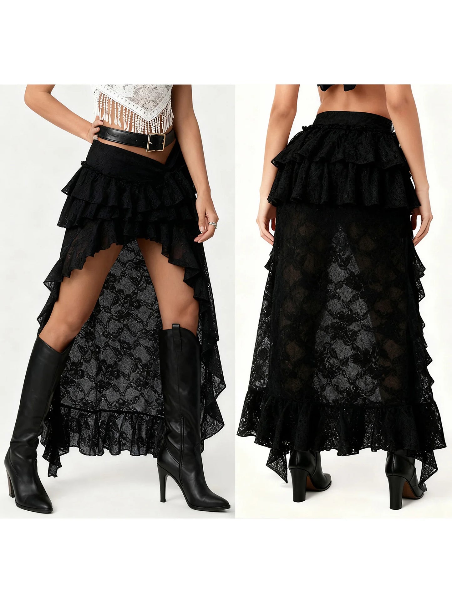 Women Flower Lace Skirt Elastic Waist High Low Layered Ruffle Skirt Casual Summer Streetwear