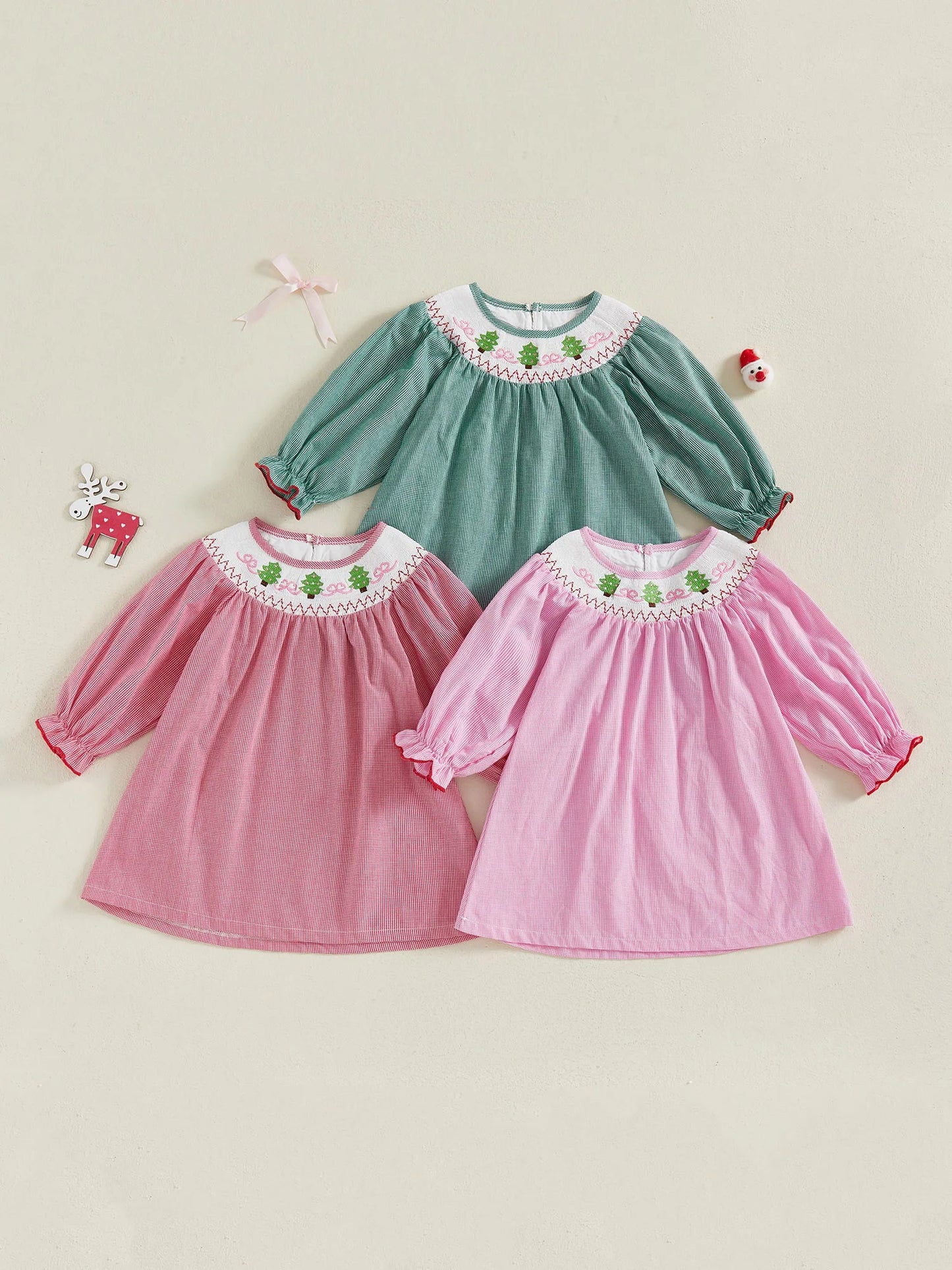 Christmas Toddler Girl Dress with Festive Tree Embroidery Mock Neck Long Sleeves and Plaid Print - Holiday A Line Dress