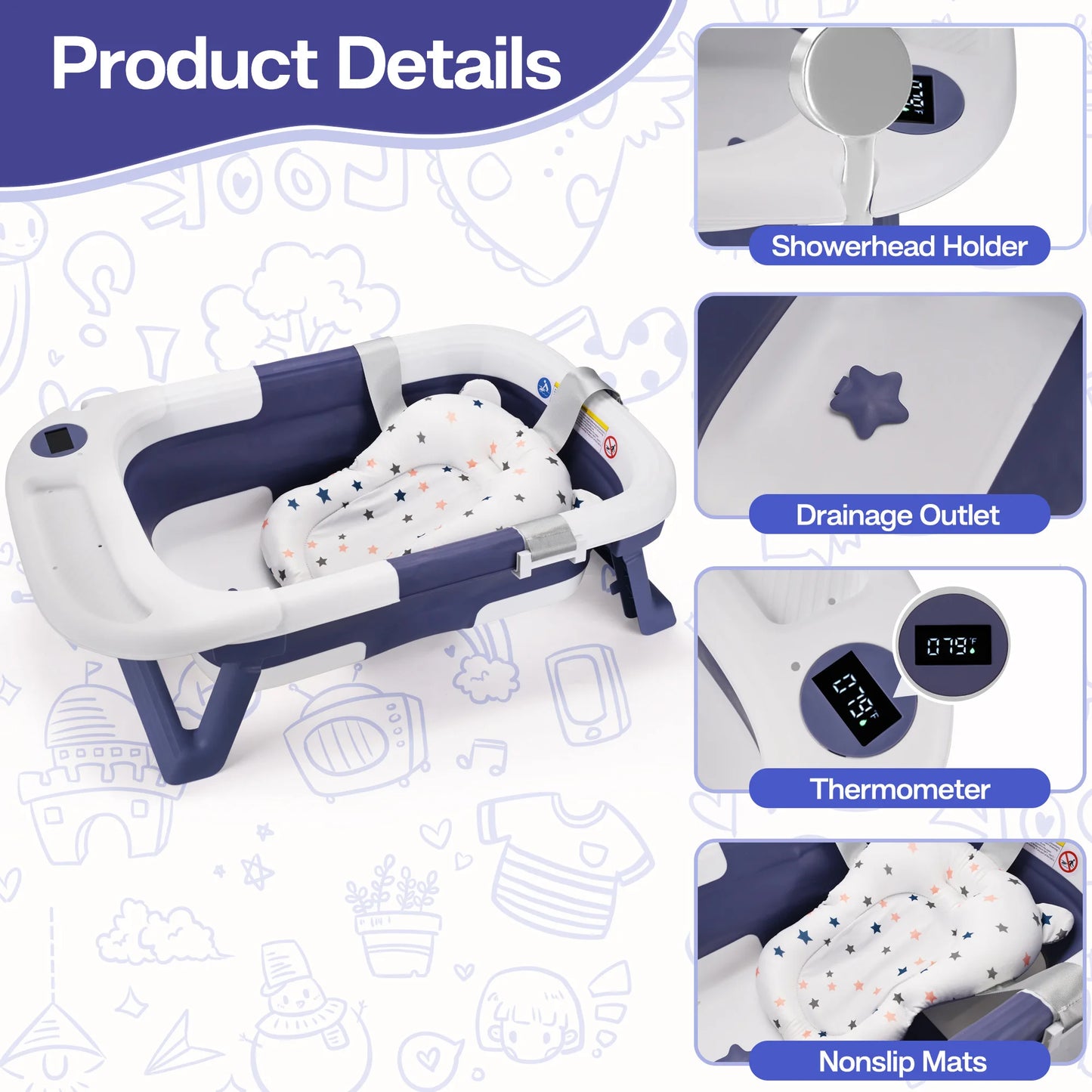 Hign-concerned Baby Bathtub With Soft Cushion Thermometer Portable Travel Tubing