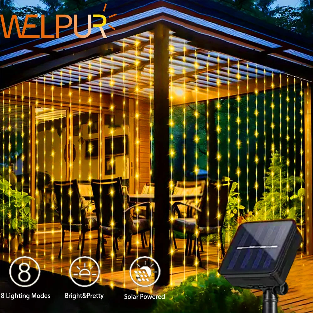 WELPUR Solar Curtain Lights Outdoor Fairy Garland 8 Modes