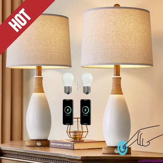 XMSJ Modern Farmhouse Bedside Table Lamp Set 2 With USB Type C Charging Ports 3 Way Dimmable Touch Control