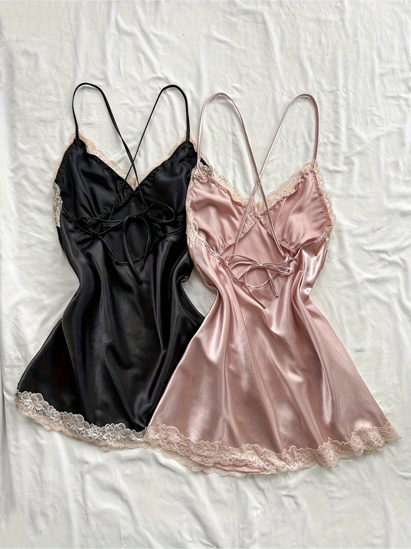 2Pcs Women’s Satin Sleepwear Set Black & Blush, Ruched V-Neck Strapless Nightgown Lingerie Dress, All-Season Nightwear