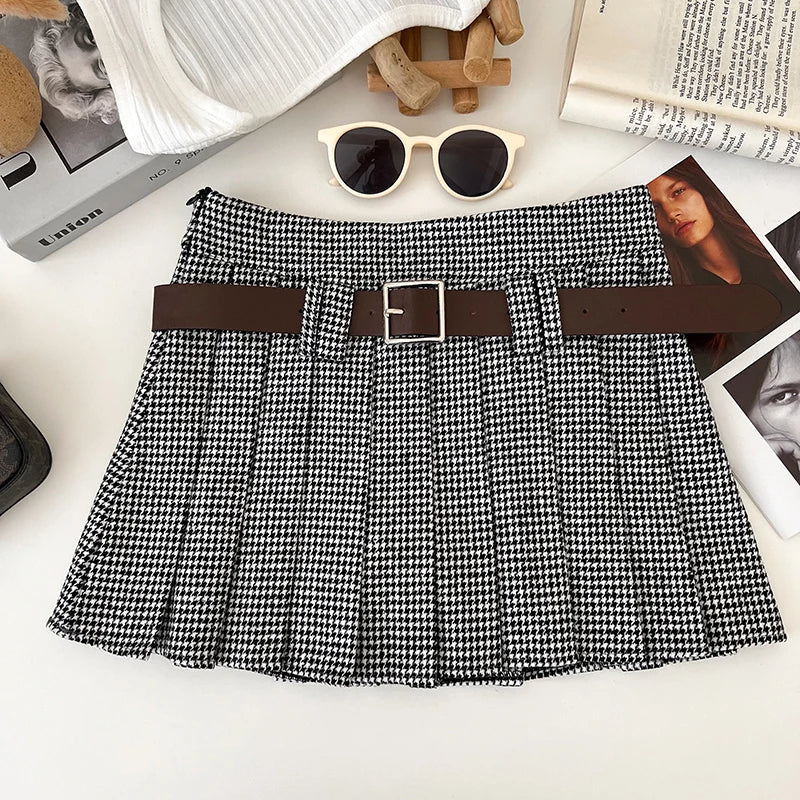 Y2K Low Rise Houndstooth Mini Skirt with Belt Woolen Pleated Mini Skirt Ladies Autumn Winter Outfit