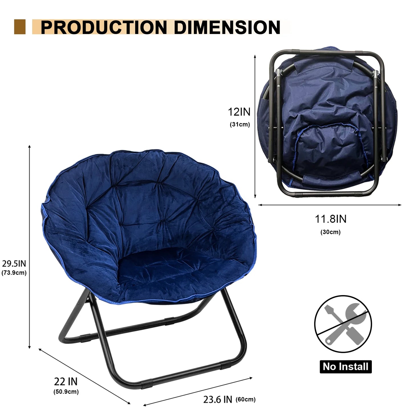 Grezone Round Foldable Saucer Chair Moon Chair With Metal Frame