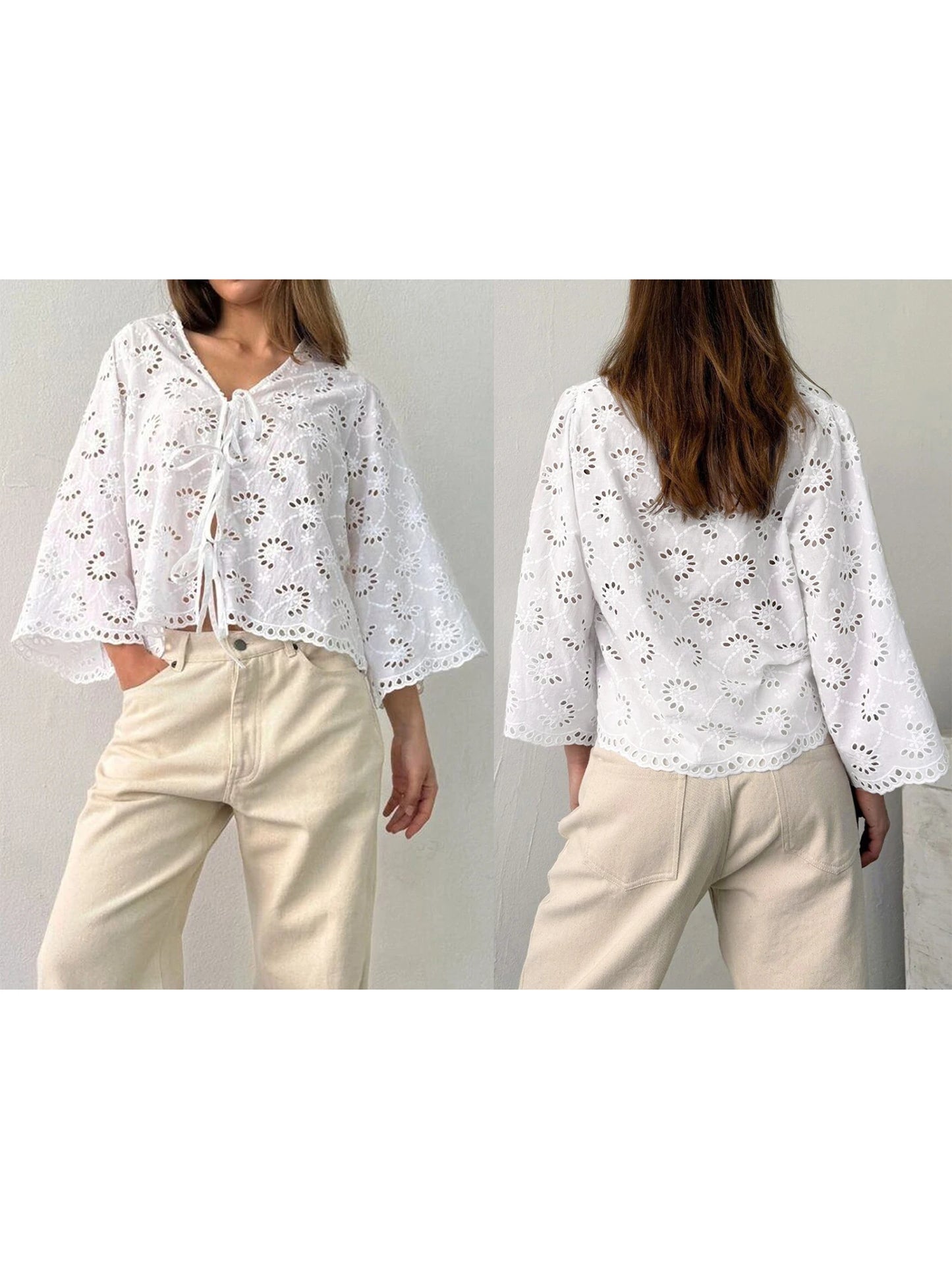 Stylish Women s V Neck Blouse with Eyelet Detailing Solid Color Loose Fit 3 4 Sleeves and Tie Front Design