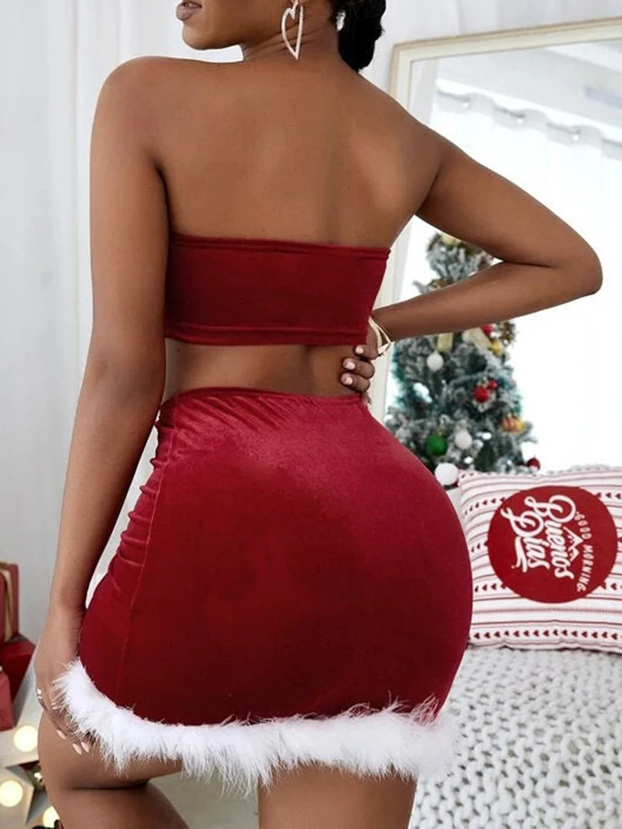 Hirigin Velvet Strapless Christmas Mini Skirt Set With Diamond Embellishments Lingerie Look