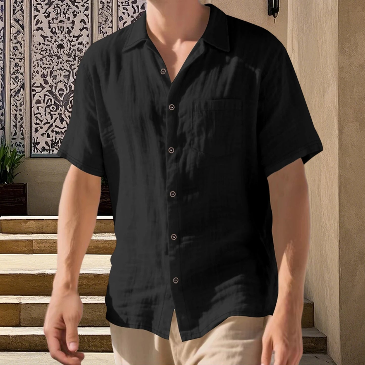 Men s Lightweight Linen Short Sleeve Button-Down Shirt Casual Solid Color Breathable Summer Tops Loose Fit Lapel Collar