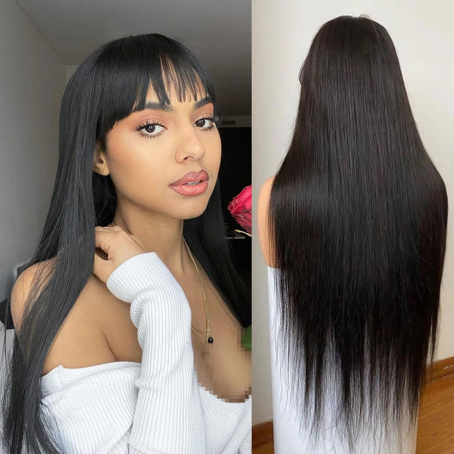 Bone Straight Human Hair Wig With Bangs For Women 30 Inch Brazilian 3x1 Lace Wigs Glueless Wig Human Hair Natural Black Color