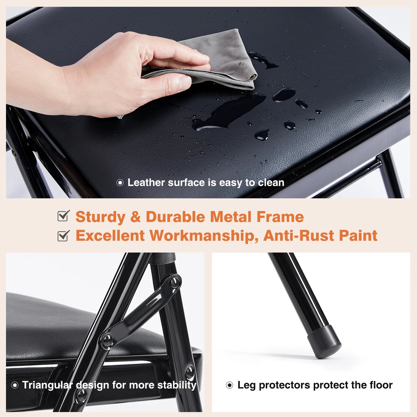 JHK Leather Padded Folding Chairs 2 Pack Sturdy Metal Frame