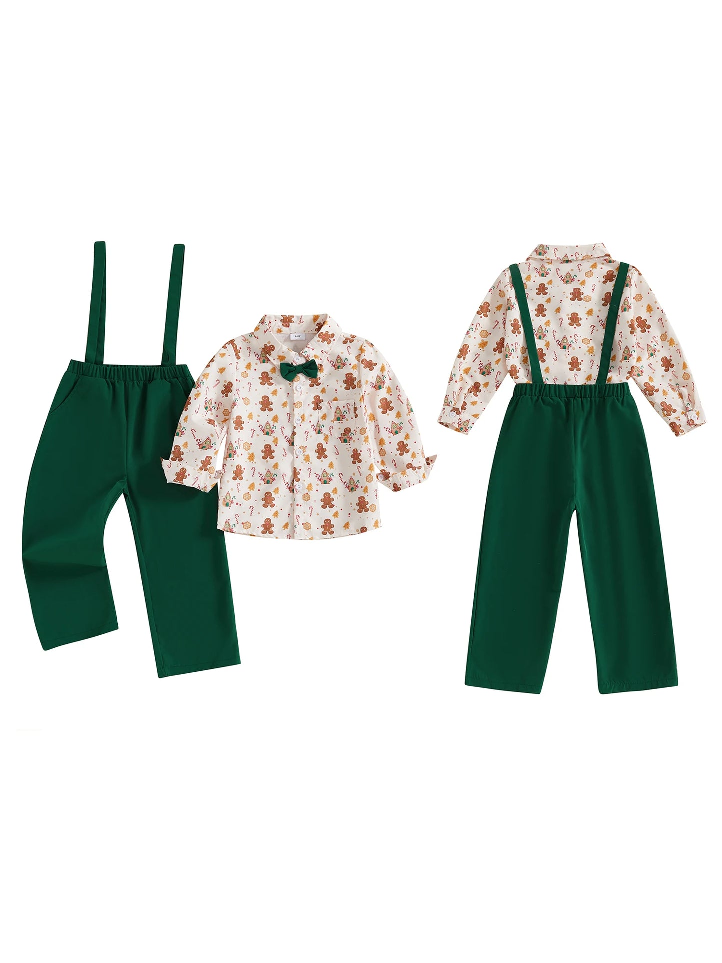 CN Guangdong Baby Boy Christmas Outfit Set Gingerbread Print Shirt Two Piece Overalls