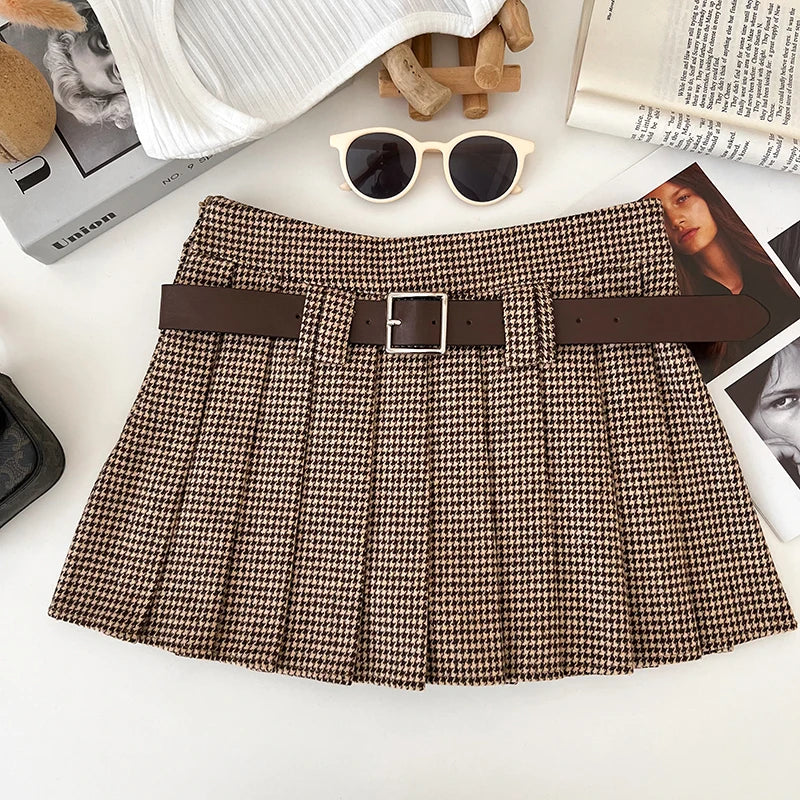Y2K Low Rise Houndstooth Mini Skirt with Belt Woolen Pleated Mini Skirt Ladies Autumn Winter Outfit