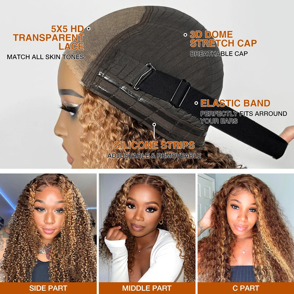 Honey Blonde Deep Wave Glueless Wigs 100% Human Hair Pre Cut Highlight Wear and Go Curly Wigs for Women Ombre HD Lace Front Wig