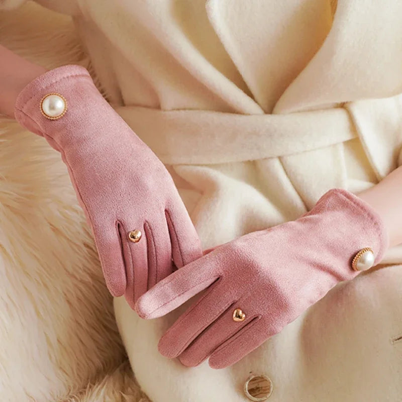 Women Winter Keep Warm Fingertips Clamshell Touch Screen Pearl Gloves Fashion Elegant Retro Luxury Fleece Soft Drive