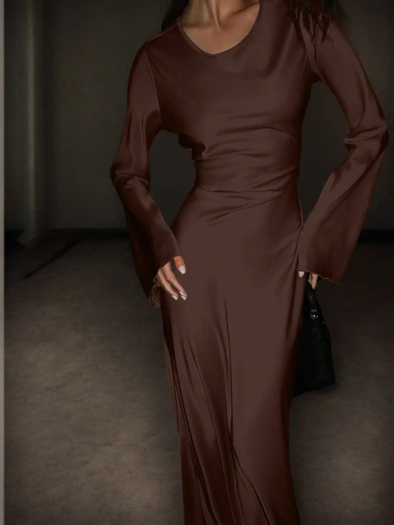 Satin Maxi Dress With Corset Waist Tie Round Neck